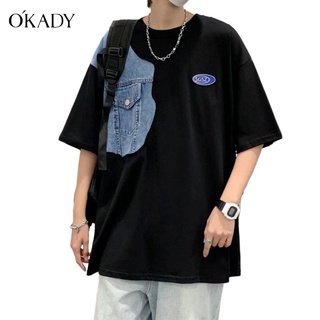 OKADY เสื้อยืดแขนสั้น เสื้อยืดแฟชั่นผู้ชายสีทึบหลวมแขนสั้นฤดูร้อนสไตล์ยอดนิยม การออกแบบประกบ เสื้อเชิ้ตผู้ชายแขนสั้น