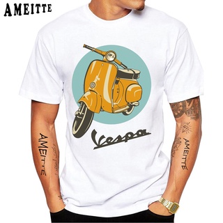 ฤดูร้อนใหม่ของผู้ชายแขนสั้นฮาราจูกุย้อนยุคคลาสสิก Vespa สกูตเตอร์พิมพ์เสื้อยืด .{-