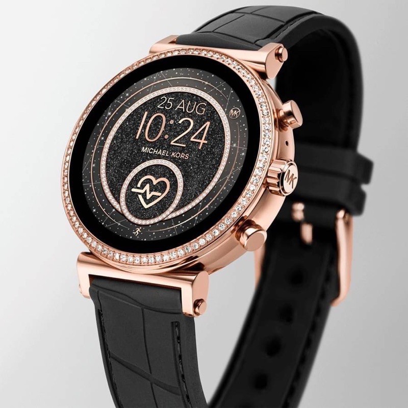 (ผ่อน0%) นาฬิกา Michael Kors Access Gen 4 Sofie Rose Gold-Tone and Embossed Silicone Smartwatch MKT5069 สายซิลิโคน สีดำ