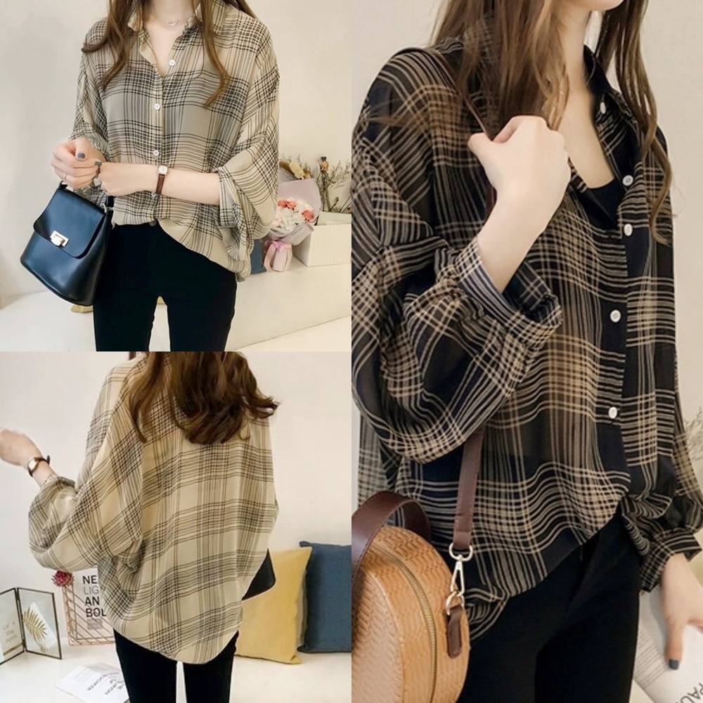 ราคาถูกที่สุด เสื้อเชิ้ตผ้าชีฟองบางเบา แขนยาวคอปก ลายสก็อต 2 สี