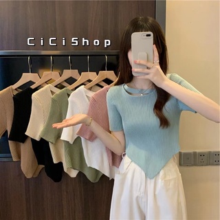 Cicishop(59102-1)เสื้อไหมพรมผ้าร่อง ชายสามเหลี่ยม ดีเทลสายไขว้ ทรงเป้ะ ดีไซน์เก๋ไม่ซ้ำใคร ผ้านุ่มนิ่มใส่สบาย