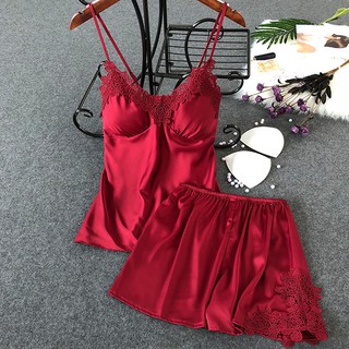 Two-piece sexy pajamas (tops + pants)+chest pad, สีล้วน แบบลายใหม่เนื้อผ้าพรีเมี่ยมสุดๆ Women Sexy Lace Satin Lingerie