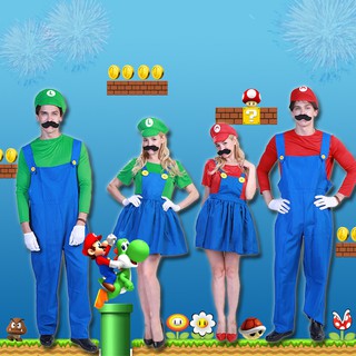 ★ปาร์ตี้บ้า★ชุดฮาโลวีนสำหรับผู้ใหญ่  หญิงชายมาริโอชุดคอสเพลย์ Super Mario Bros และชุดหมวก คาร์นิวัลปาร์ตี้แต่งตัวเครื่อง