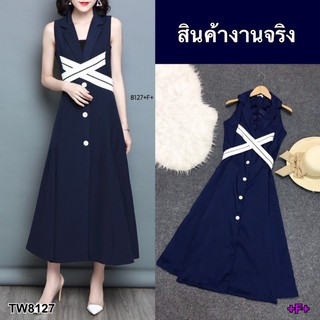 AK 8127 Dress เดรสแขนกุด ติดกระดุมหน้า