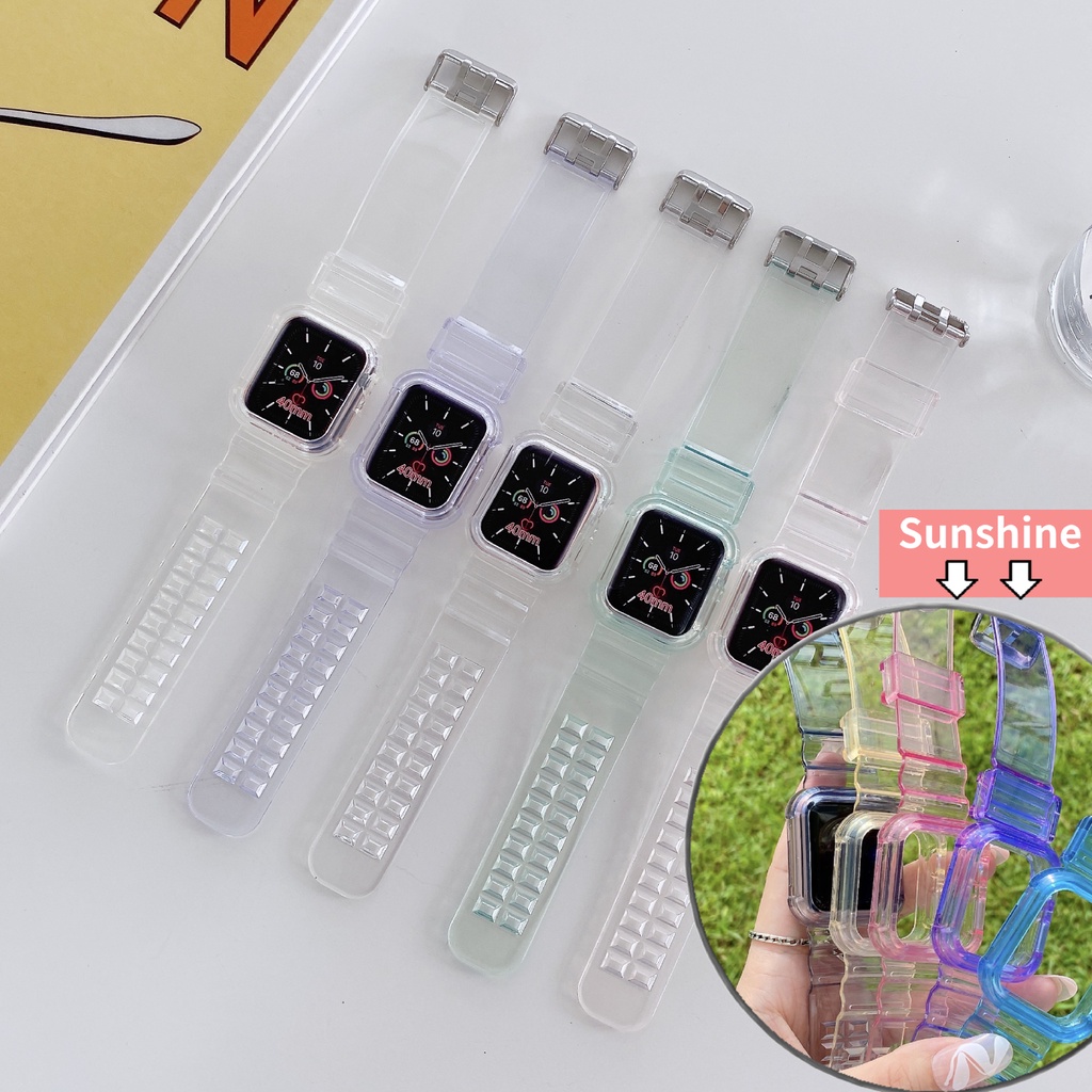 【2 In 1】สายนาฬิกาข้อมือซิลิโคนใส เปลี่ยนสีได้ พร้อมสายคล้อง สําหรับ Apple Watch iwatch 6 band 40 มม. 44 มม. iwatch Series 6 SE 5 4 3