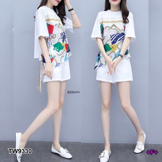 TwinsShopVip💗พร้อมส่ง TW9330 Set 2 ชิ้น เสื้อชายหางปลาเฉียงพิมลายกราฟฟิก + กางเกงขาสัั้น