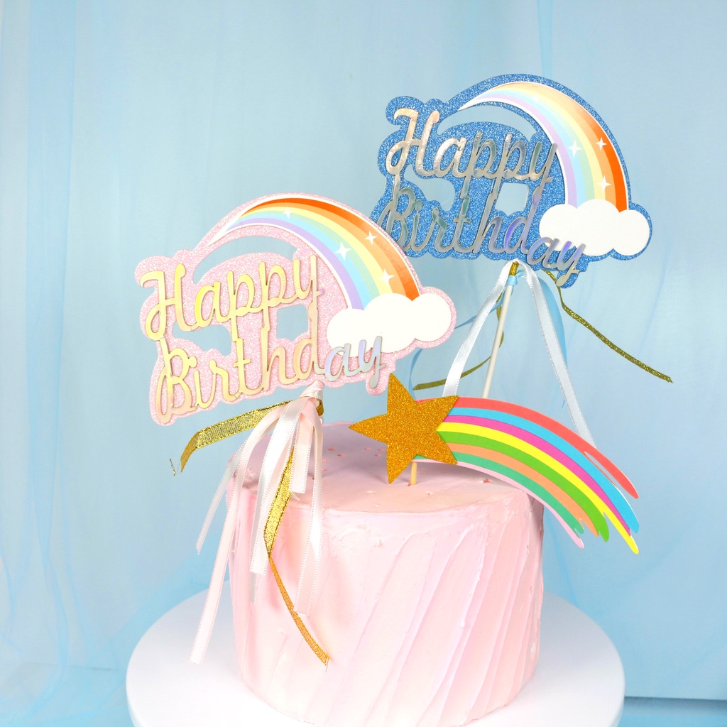 PremiumBlue/Pink Rainbow Glitter เค้ก Topper อุปกรณ์ตกแต่งเค้กวันเกิดสําหรับเด็ก, ตกแต่งเค้กสายรุ้ง