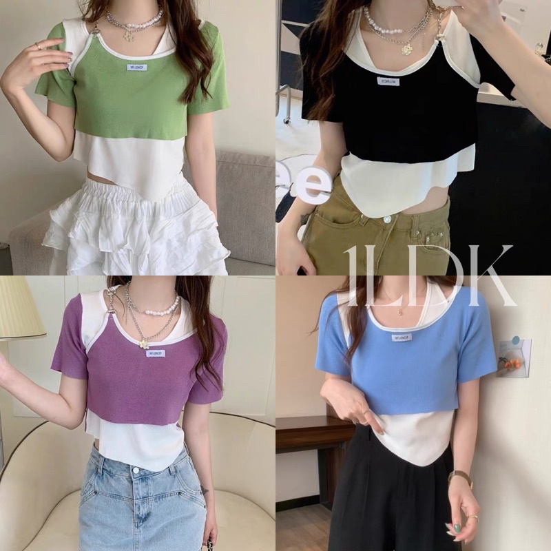 1LDK พร้อมส่ง เสื้อยืด เสื้อแฟชั่นผู้หญิง แขนสั้น ไขว้คอ ปลายสามเหลี่ยม เสื้อครอป(33039)