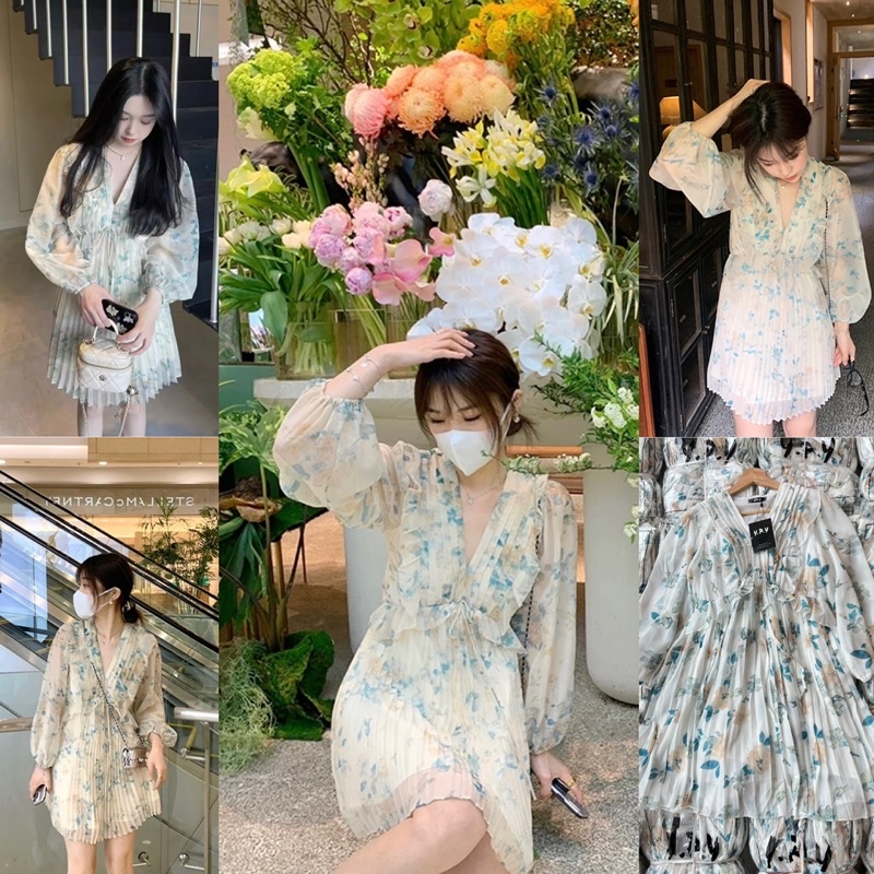 เดรสพลีทขาวสั้นลายดอกฟ้าน้ำตาล ป้ายypy งานนำเข้า พร้อมส่งจากไทย #เดรสเกาหลี