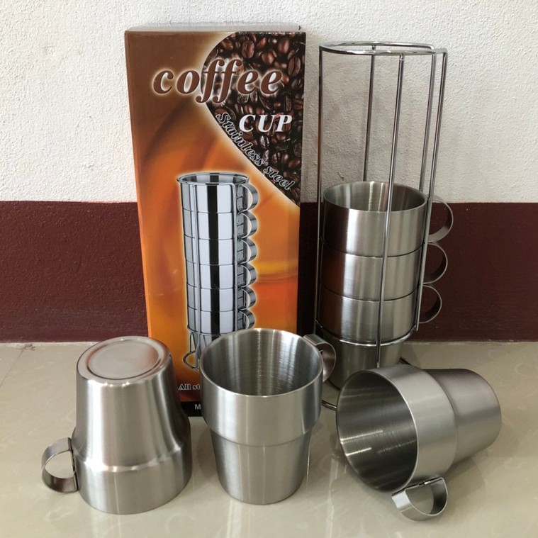 แก้วกาแฟ แก้วน้ำสแตนเลส แก้ว (ชุด6 ใบ)(แบบ2ชั้น มีหูจับ) (พร้อมโครงเก็บแก้ว) (สแตนเลสแท้ 304 ไม่ขึ้นสนิม) (ตราTK)