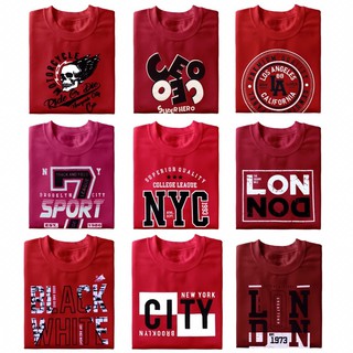 เสื้อยืดแขนสั้น สีแดง หลายลาย