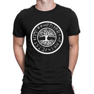 เสื้อยืดคอกลม แขนสั้น พิมพ์ลาย Viking Yggdrasil Tree Of Life With Norse Rune สีพื้น 2021