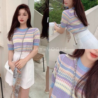 MAY​ Pastel knit top เสื้อไหมพรม แขนสั้น ทอลายสลับสีโทน pastel CARDIGAN_NISTA