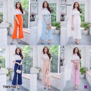 TW9766&gt;Jumpsuit จั๊มสูทขายาวแขนกุดแต่งชีฟองระบาย ขายาวออกม้านิดๆ สวยเก๋ 