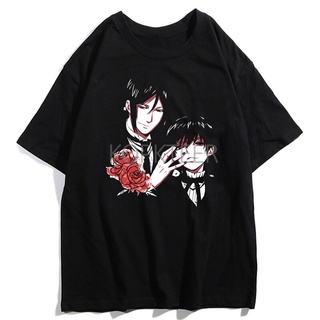 แขนสั้นcrew neckเสื้อยืดแขนสั้นลําลอง ผ้าฝ้าย 100% พิมพ์ลายอนิเมะ Black Butler Sebastian Ciel Phantomhive สไตล์ฮาราจูกุ