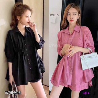 J13361 Set 2 ชิ้น เสื้อเสื้อเชิ้ตแขนศอกแต่งสม็อค + กางเกงขาสั้น