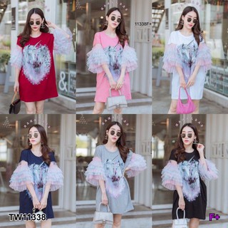 &lt;TW11338&gt;Mini Dress มินิเดรสลายยูนิคอร์นเรืองแสง แขนระบายผ้ามุ้งฟรุ้งฟริ้งสีหวานๆระบาย5 ชั้นผ้าคอตตอนสกรีนเรืองแสงเกรด A