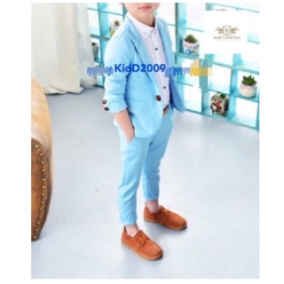 Light Blue Boy Suit  สูทเด็กสีฟ้าอ่อน เซท 2 ชิ้น เสื้อสูท+กางเกง ขนาด 90 ถึง 150 หรือ ขนาด 7,9,11,13,15,17,19 (2-11 ปี)