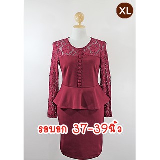 E1730-5-XL-ชุดเดรสคนอ้วน สีแดง ผ้าลูกไม้หรูและผ้ายืดเนื้อหนานิ่ม(ผ้าสกูบ้า) แขนยาวลูกไม้ซีทรู กระโปรงผ่าหลัง