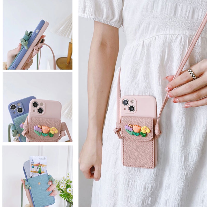 เคสโทรศัพท์หนังนิ่ม ลายดอกไม้ พร้อมสายคล้อง และช่องใส่บัตร และสายคล้องคอ สําหรับ Realme C31 C15 C11 