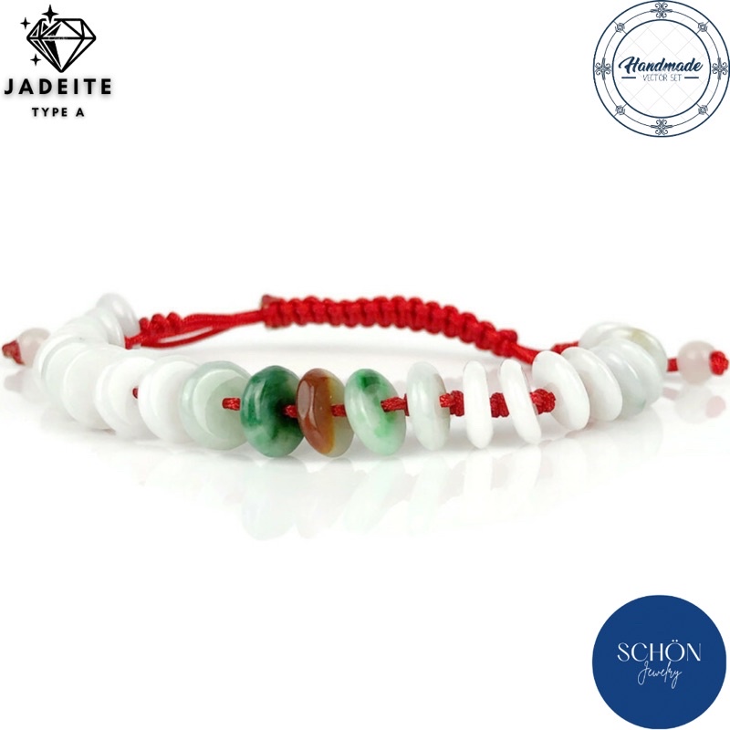 HJA-BI.A3K สร้อยข้อมือหยกแท้ กำไลหยกแท้หยก 3 สี หยกบีดิส ฮกลกซิ่ว ด้ายแดง มงคล ฟรีไซส์ บีดิส 9 มิล หยกพม่า
