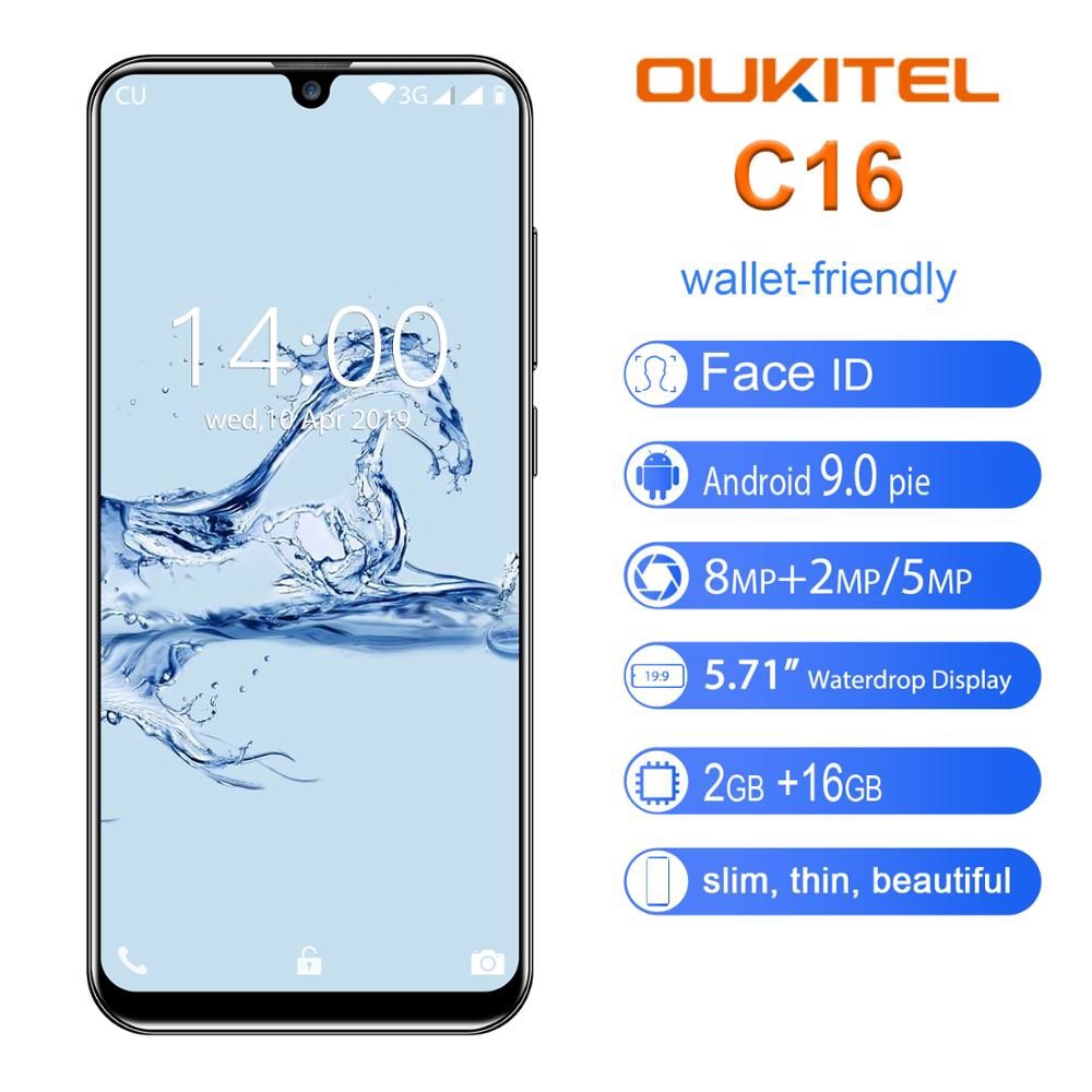 OUKITEL C16 สมาร์ทโฟน 5.71 "HD 19:9 WaterDrop หน้าจอ Android 9.0 ลายนิ้วมือโทรศัพท์มือถือ MT6580P 2G RAM 16G ROM 2600mAh