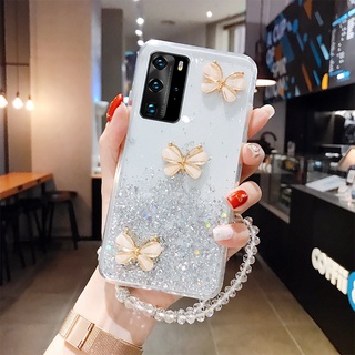 เคสโทรศัพท์มือถือแบบนิ่ม TPU ใส ลายผีเสื้อ 3D กลิตเตอร์ ระยิบระยับ พร้อมสายคล้องคริสตัล สําหรับ Huawei Nova 9 9SE 10 10Pro 7i 7SE 5T 3 3i