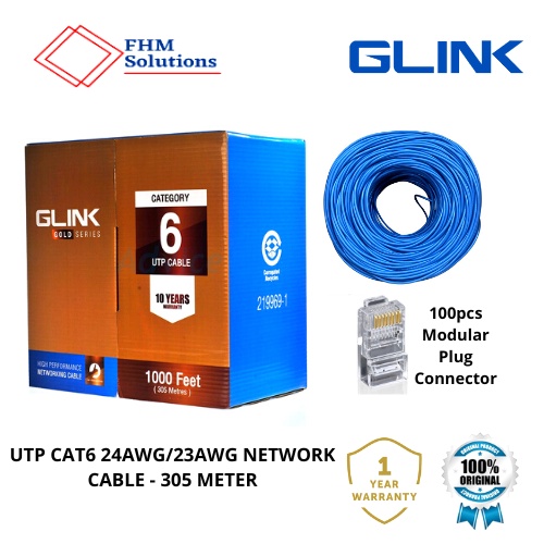 GLINK UTP CAT6 24AWG/23AWG NETWORK CABLE 305 เมตร + RJ45 Cat6 คริสตัลเครือข่าย Modular Plug