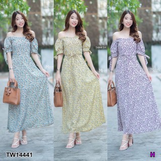 J14441 Maxi Dress เดรสยาว เปิดไหล่ ลายดอก