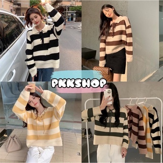 🌸PKKSHOP 🌸เสื้อยืดแขนยาวไหมพรม ลายทาง แต่งคอปกสายผูกหน้า สไตล์เกาหลีน่ารักมากๆค่าา
