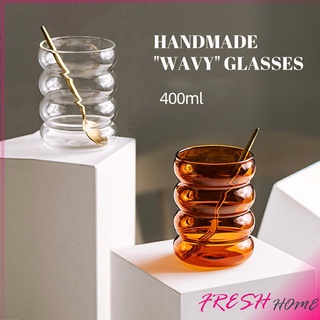 ถ้วยแก้ว ถ้วยกาแฟ ถ้วยนม ทรงลอนใหญ่ จับถนัดมือ glass cup