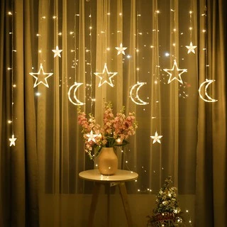 Star&Moon ไฟแต่งห้อง ไฟม่านดาว+พระจันทร์ ไฟประดับ กว้าง 3.5เมตร（3Moon,6Star）