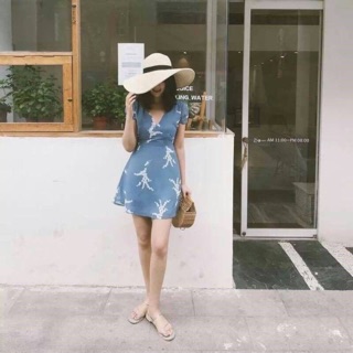 💙New korea design 💙Lagoon minidress งานนำเข้า ติดป้าย แพ็คห่ออย่างดี มินิเดรสแขนสั้นสีฟ้าหม่นสุดน่ารัก