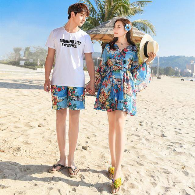 ชุดเที่ยวทะเล 97 เที่ยวไทยเที่ยวทะเลชุดคู่รักฮันนีมูนชุดพักผ่อนริมทะเลหญิงชุดกางเกงขาสั้นชาย