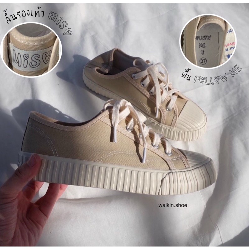 (พร้อมส่ง🇹🇭) MISO BRAND สีชานม(น้ำตาลอ่อน) โลโก้ MISO ที่ลิ้นรองเท้า พื้น FOLLOW ME รองเท้าผ้าใบ รุ่