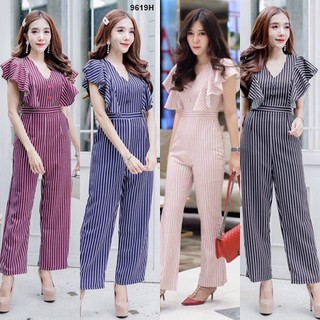 G9619 Jumpsuit จั้มสูทไหล่ระบายลายริ้ว