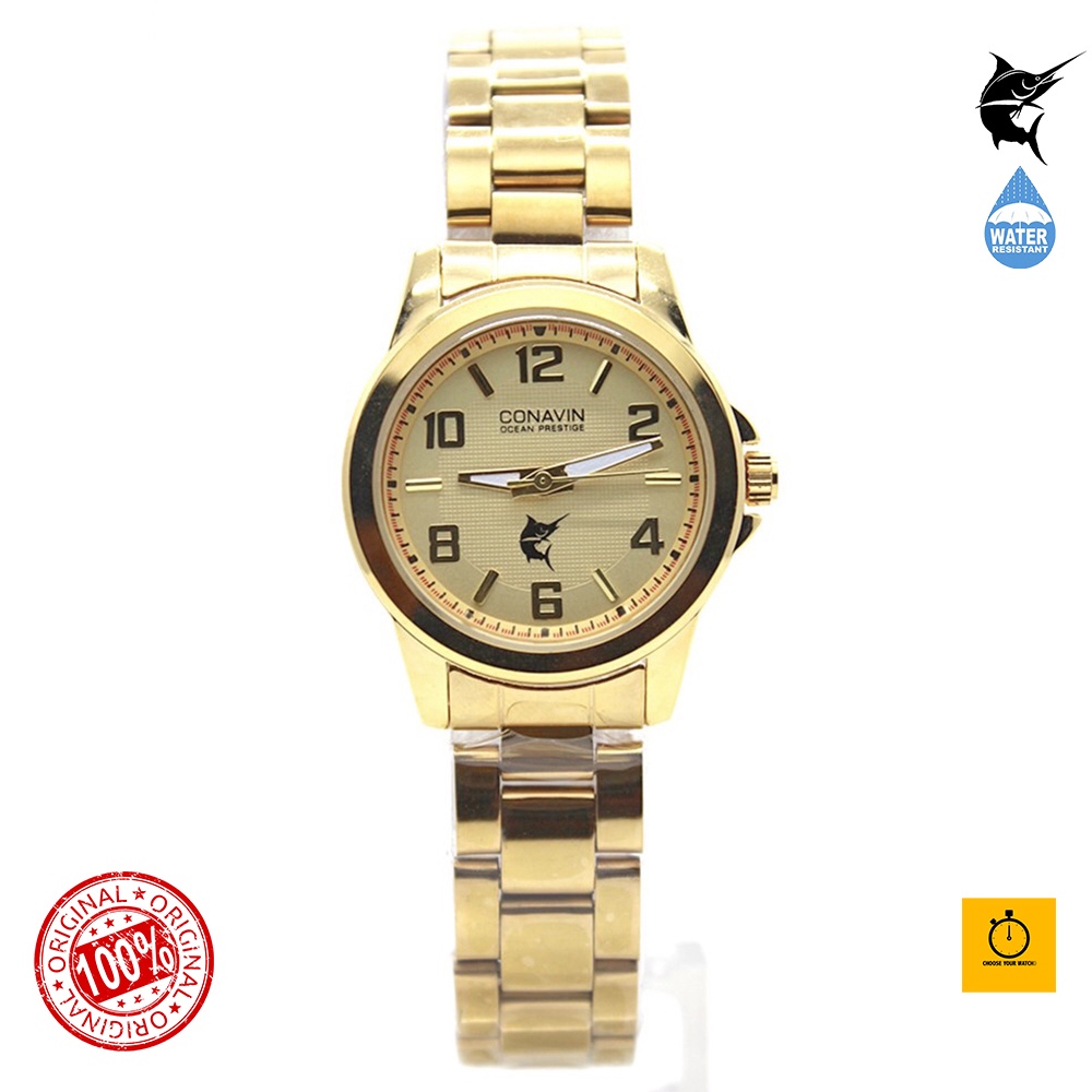 (สินค้าแท้ 100%) CONAVIN นาฬิกาข้อมือผู้หญิงระบบ Quartz สายสแตนเลสเรือนเหล็กสีทอง กันนํ้า (พร้อมจัดส่งทันที)