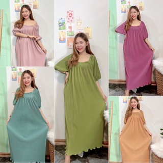 Maxidress ชุดพลีท ชุดเดรสสีพื้นb246ชุดพลีสยาวแขนตุ๊กตา เดรสยืดฟรีไซด์ แฟชั่นสาวอวบ Pleat Dress คนท้องใส่ได้