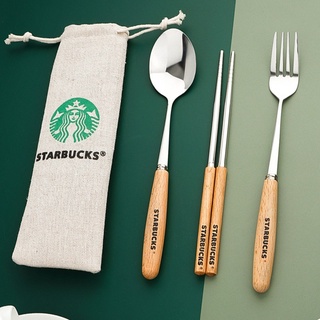 Starbucks สแตนเลสบนโต๊ะอาหารญี่ปุ่นช้อนส้อมตะเกียบผ้าชุดกระเป๋า