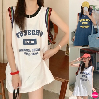 🎀Korean Fashion🎀เสื้อยืดคอกลมแขนกุด ลาย FUSEEHO 2 สี ขอบแต่งสีรุ้ง