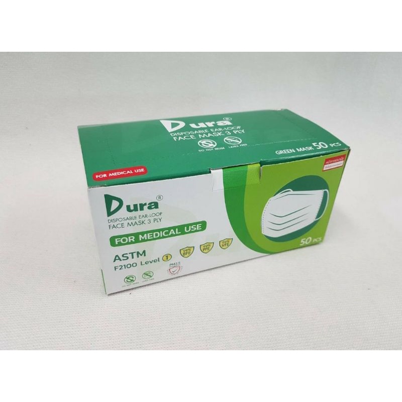 DURA Mask หน้ากากอนามัย 3 ชั้น ป้องกันPM2.5 (50ชิ้น/กล่อง)
