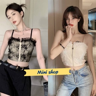 Mini shop🌸พร้อมส่ง🌸(FY-123)เสื้อสายเดี่ยวลูกไม้ มีฟองน้ำ เซ็กซี่มากกำลังมา