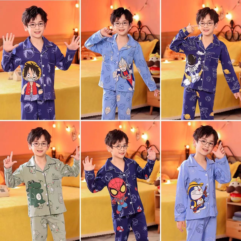 ชุดนอนเด็กผู้ชาย เสื้อผ้าการ์ตูนเด็กผู้ชาย อุลตร้าแมน ไดโนเสาร์ มนุษย์แมงมุม ผ้าฝ้ายคุณภาพสูง