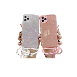 เคสไอโฟน ลายกากเพชรยางนิ่ม พร้อมสายคล้องคอ เคสโทรศัพท์ iPhone สำหรับ iPhone 6 ขึ้นไป