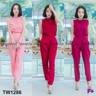 TwinsShopVip💗พร้อมส่ง TW1286 Set 2ชิ้น เสื้อคอตั้งแขนกุด + กาเกงขายาว