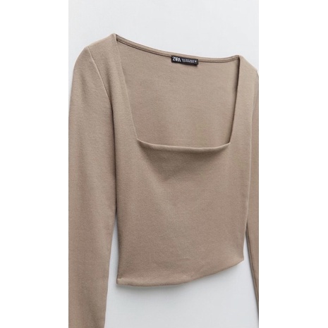 [ของใหม่ ของแท้ซื้อจาก Shop] ZARA Square Neckline T-Shirt TRF - Beige (Size S) เสื้อคอเหลี่ยมสีเบชแข