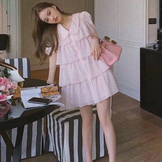 ชุดเดรส‼️พร้อมส่ง 💕N e w w w w w -งานนำเข้า พร้อมส่ง- Pink liney dress มินิเดรสสีชมพูหวานๆน่ารักๆ คอบัว งาน