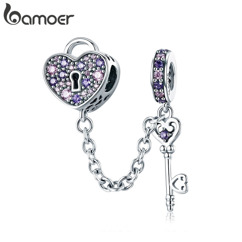 BAMOER เงิน 925 Key of Heart Lock Crystal CZ Chain Charms SCC772