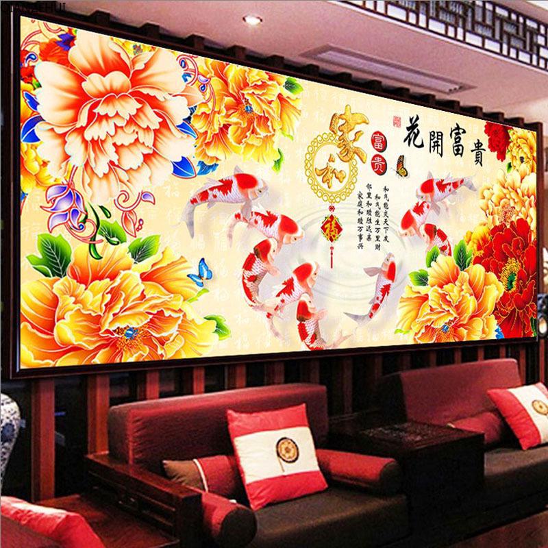 QIANZEHUI,DIY Blossoming peony nine fishes Embroidery,Round Diamond Full Diamond painting cross stitch,needlework