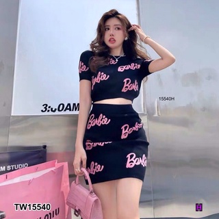 TW15540  Set 2 ชิ้น งานตามหาสุดปัง เสื้อไหมพรมแขนสั้น ลายภาษาอังกฤษ มาพร้อมกระโปรงสั้น ผ้าไหมพรมเข้ารูป